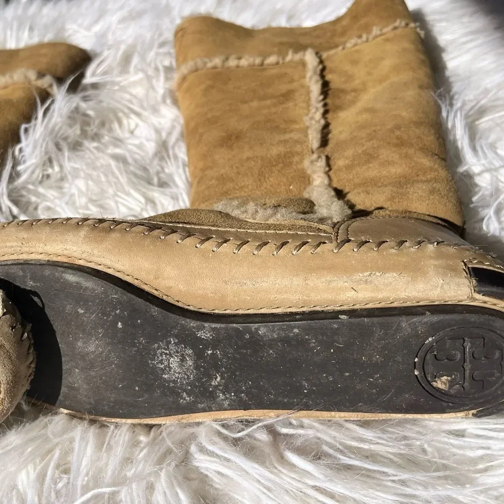 Tory Burch Camel Leather Suede Shearling Tall Reva Moccasin Boots